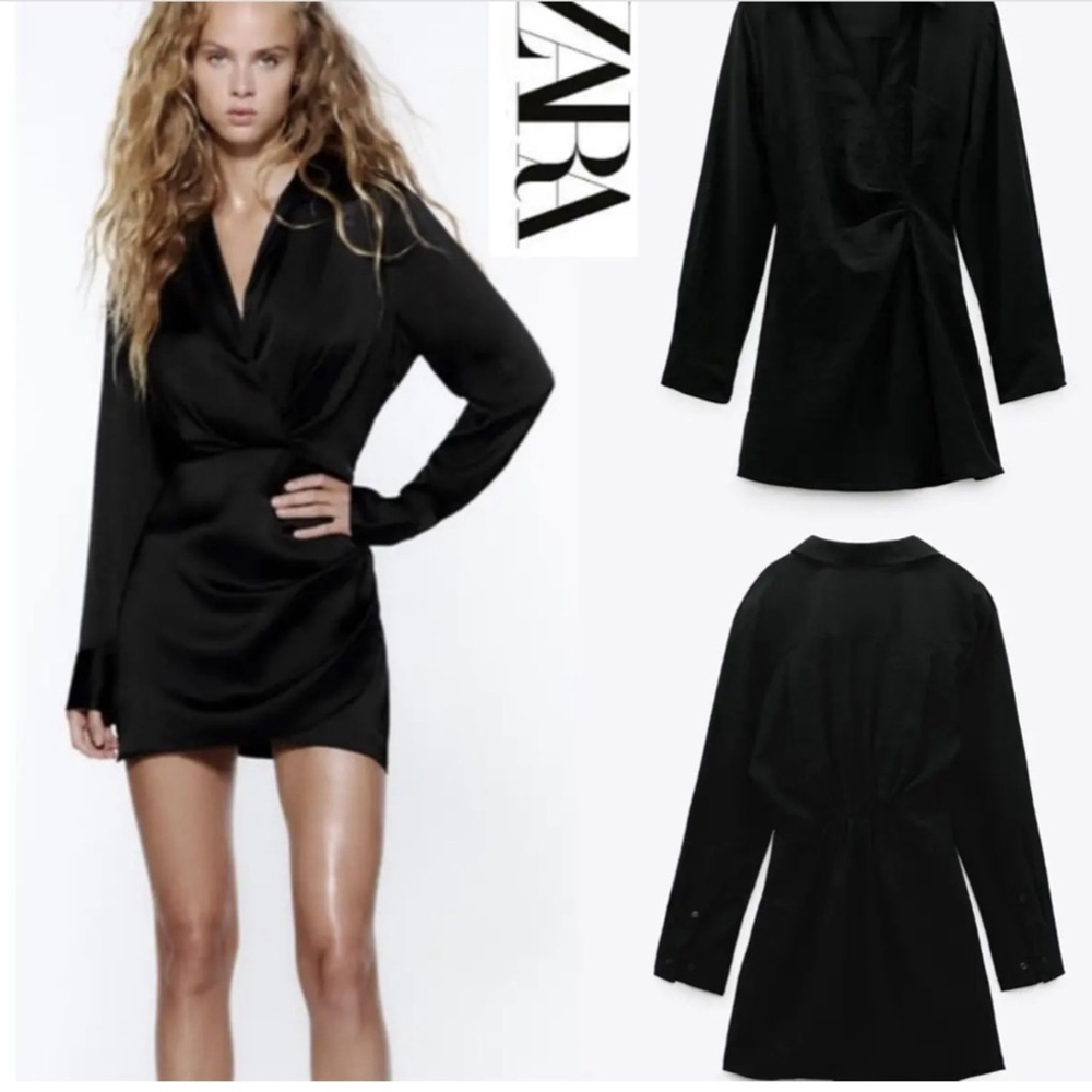 Zara Black Long-Sleeve Wrap Mini Dress